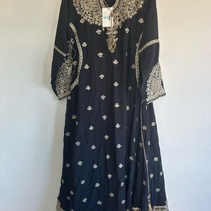 Black and Gold Embroidered Long Sleeve Dress
